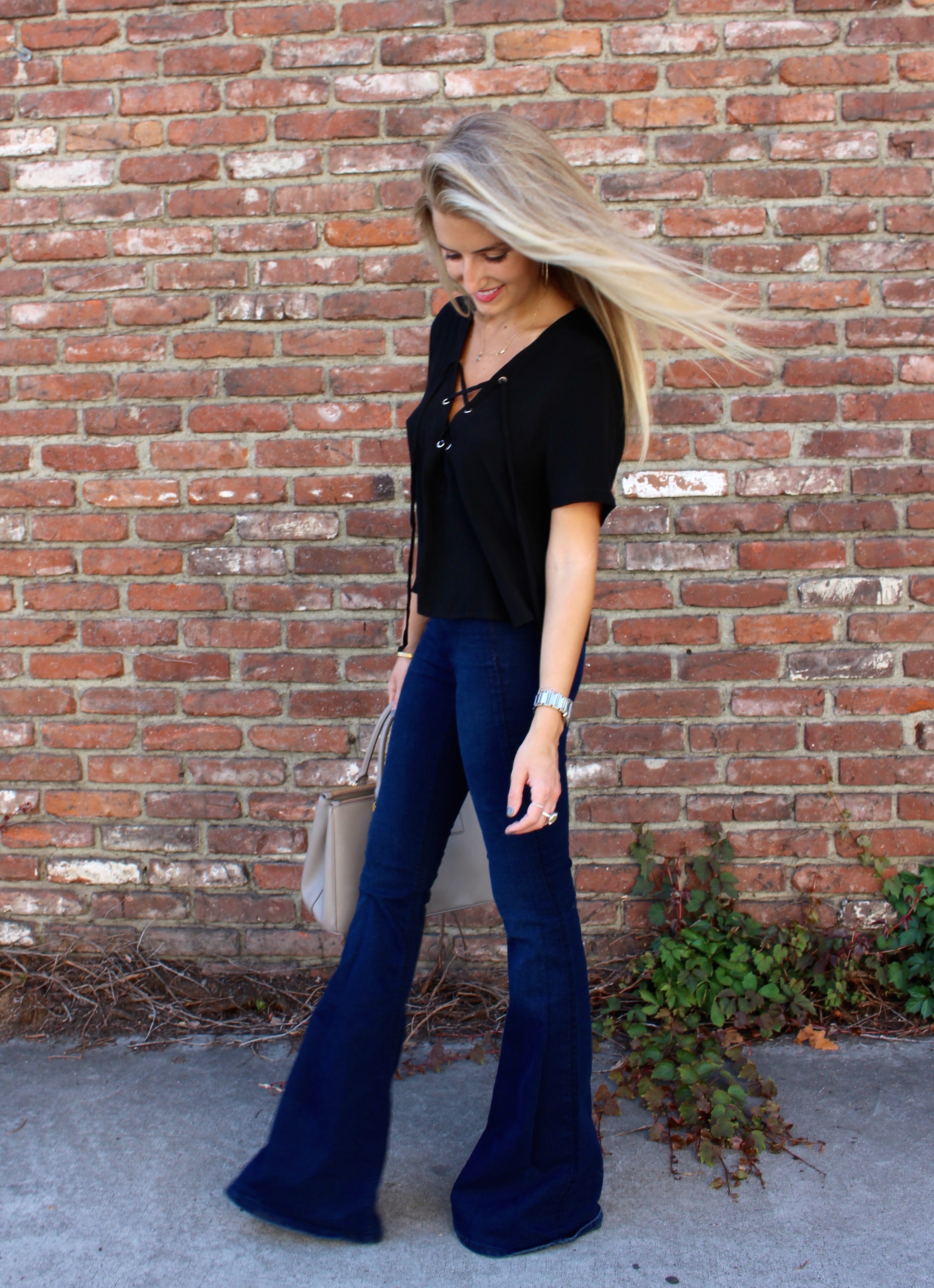 Lace Up Tops and Denim Flares