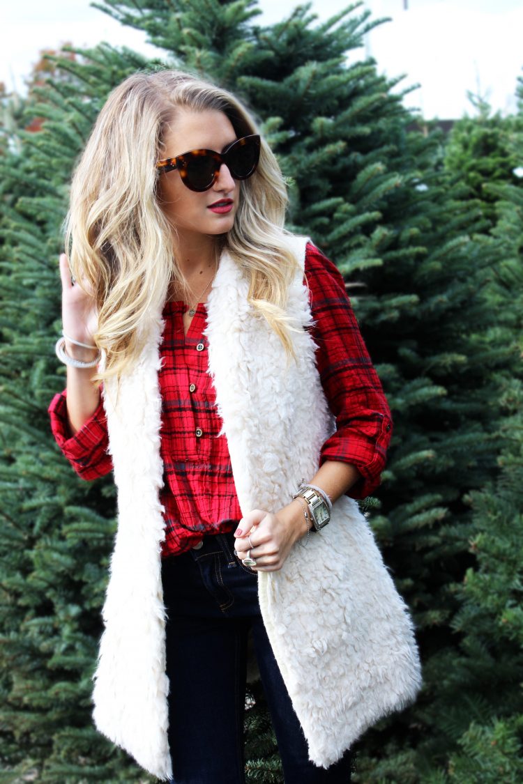 plaid shirt, fur vest