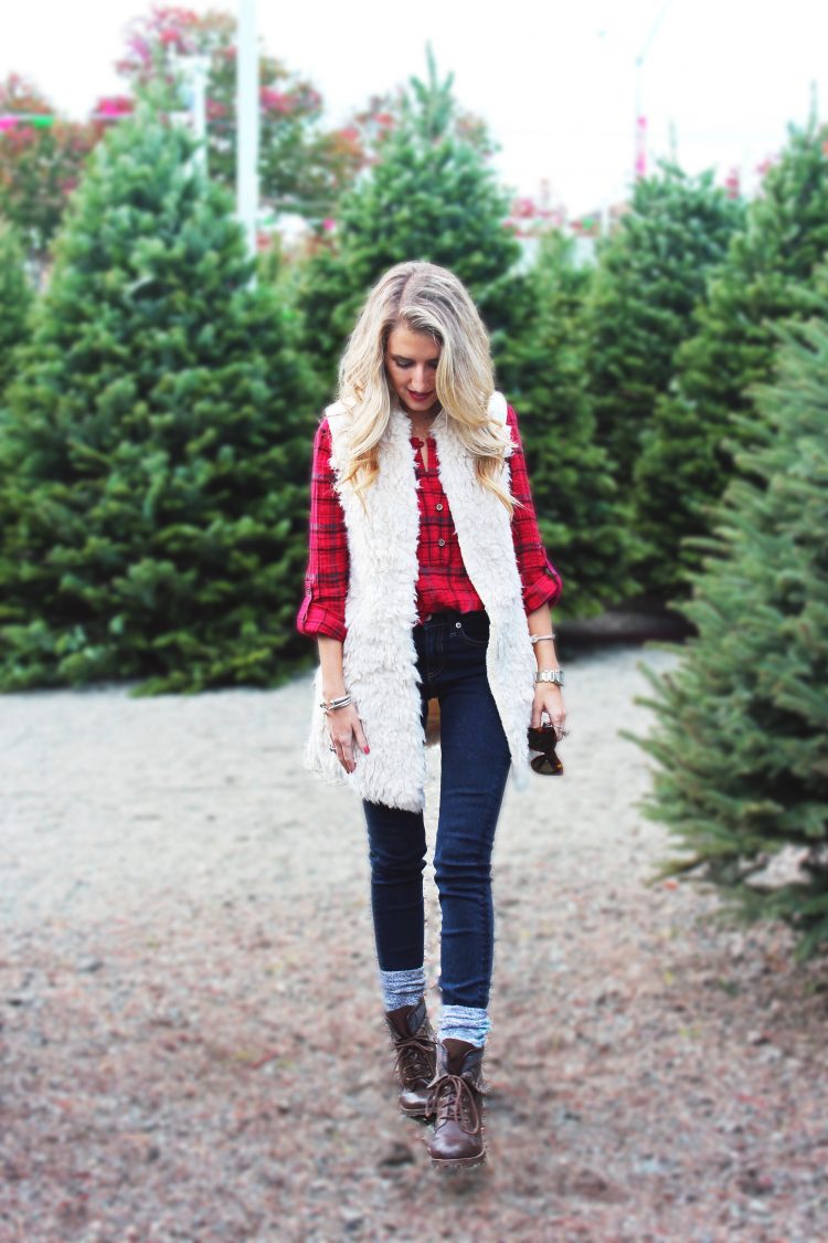 plaid shirt, fur vest