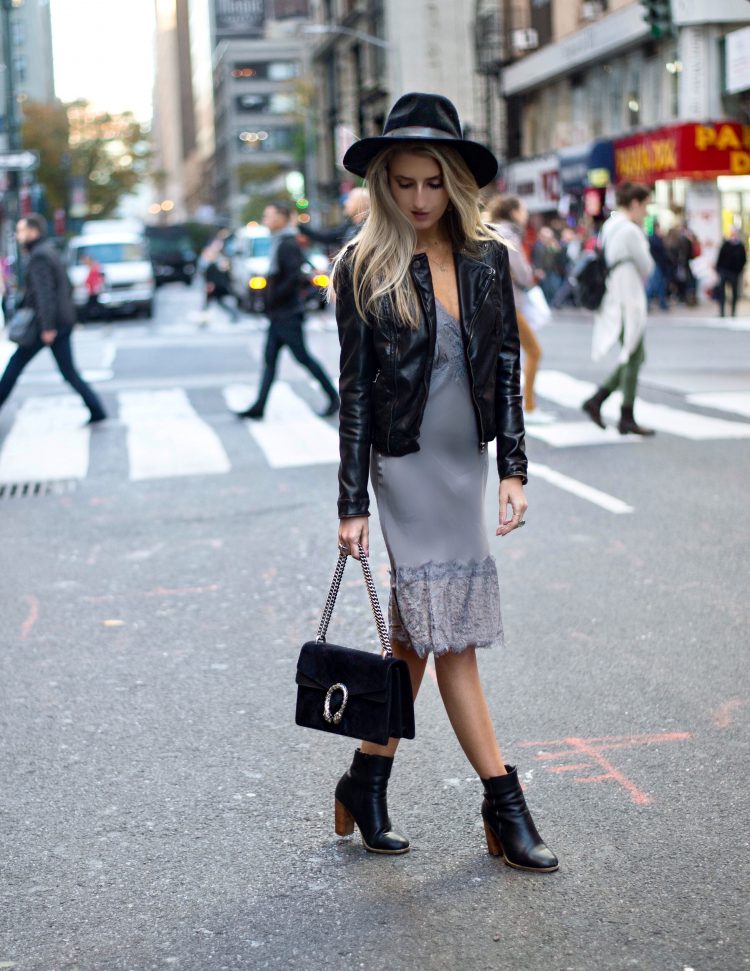 Leather jacket with a slip dress and ankle boots