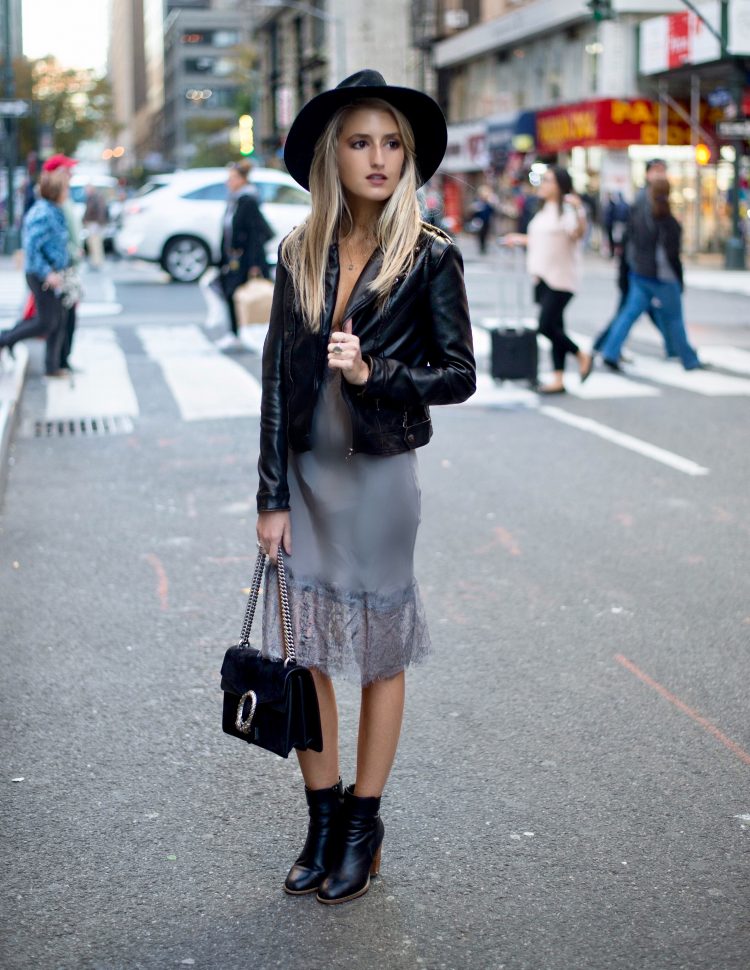 Leather jacket with a slip dress and ankle boots