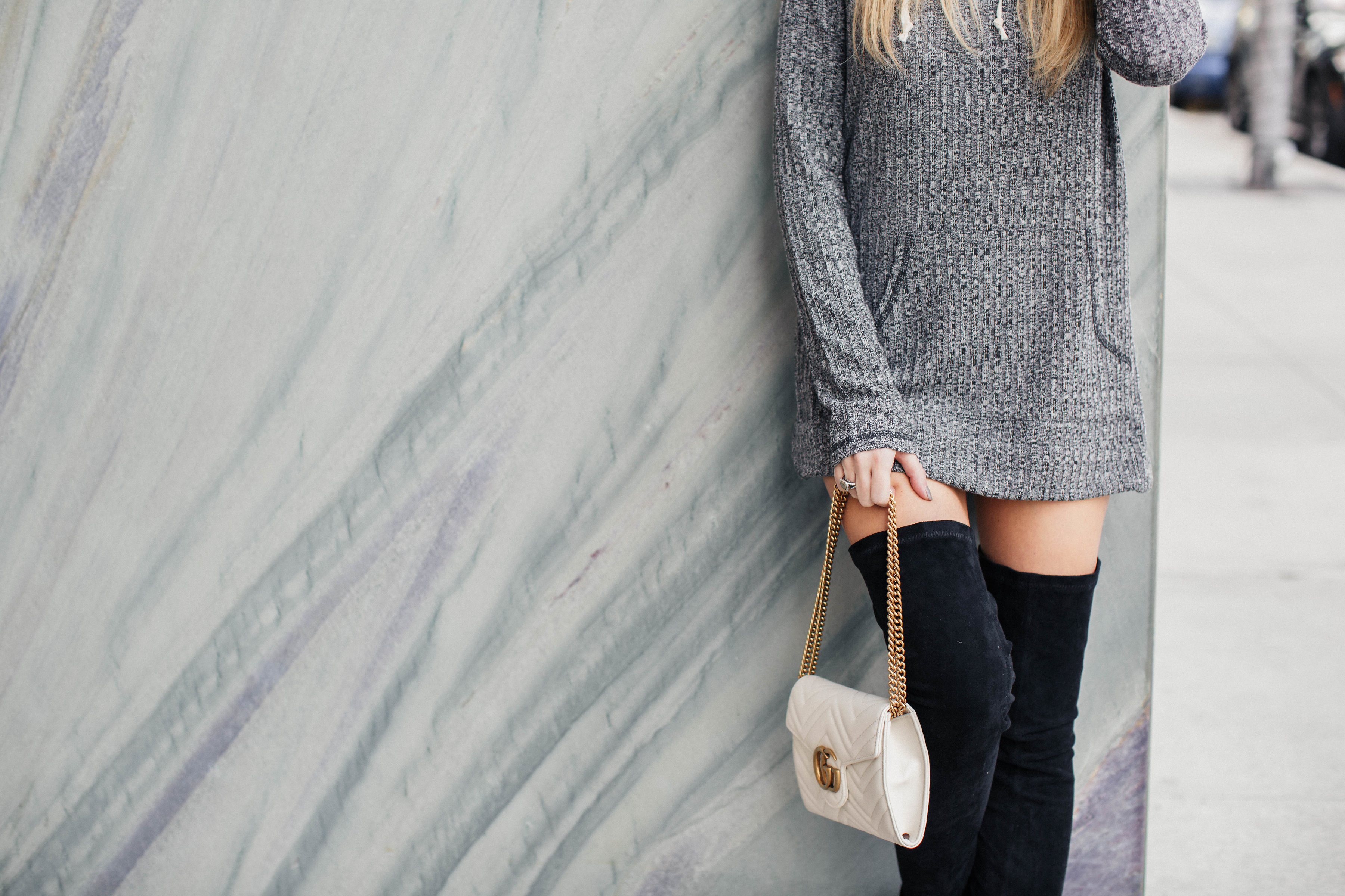 shirt dress and over the knee boots