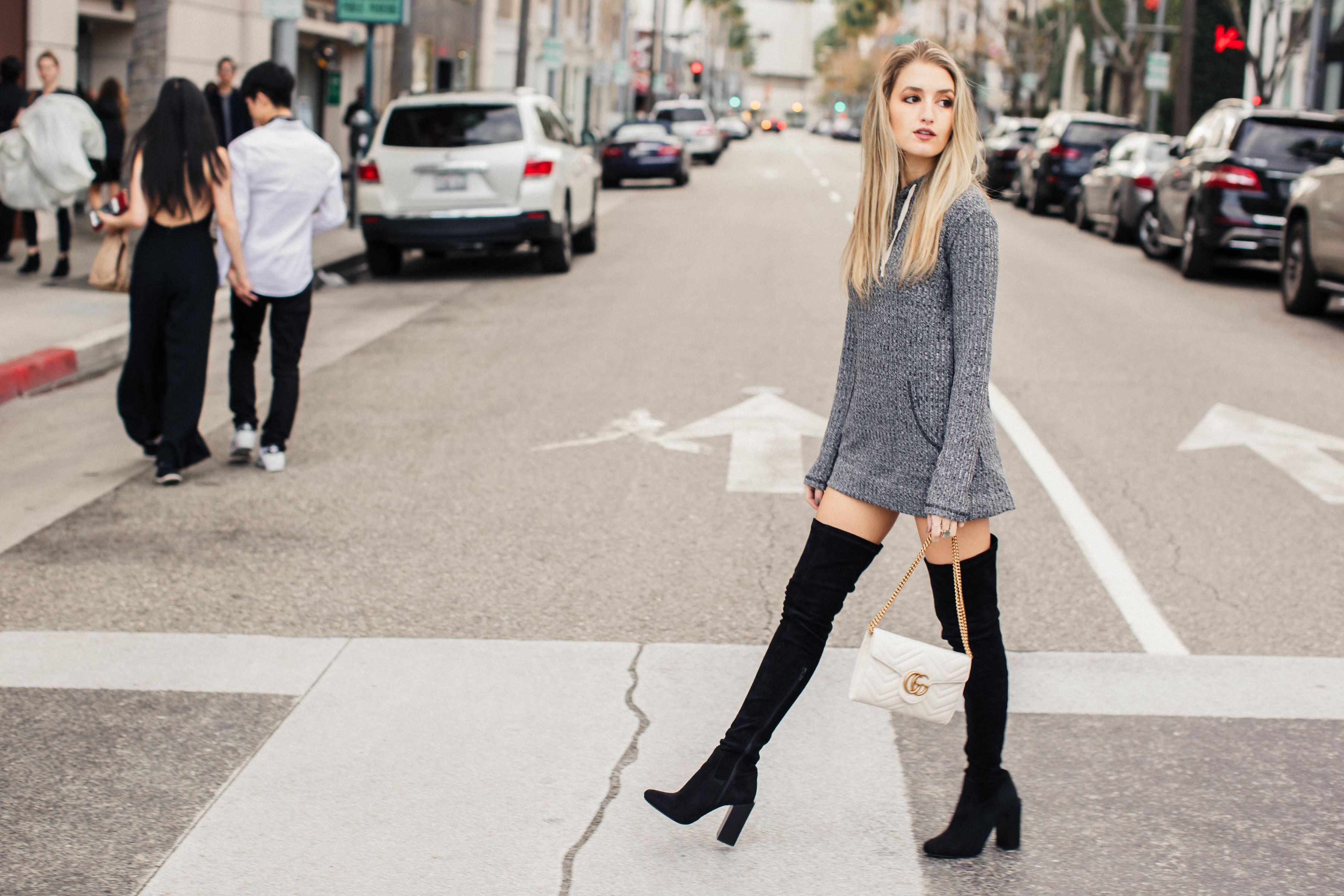  shirt dress and over the knee boots 